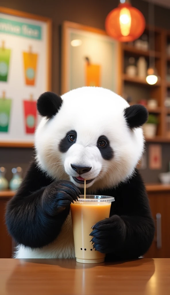 Panda drinking milk tea