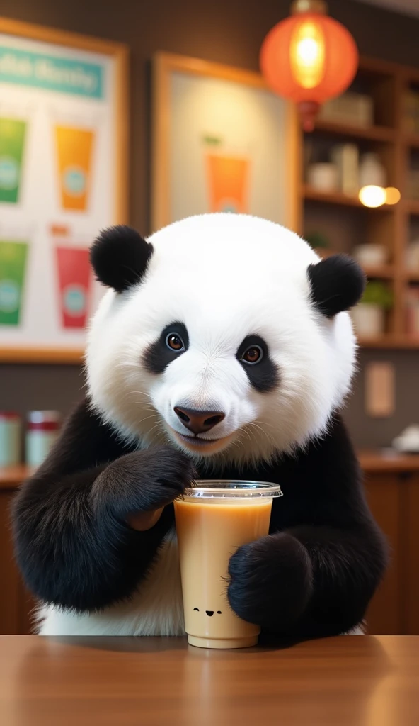 Panda drinking milk tea