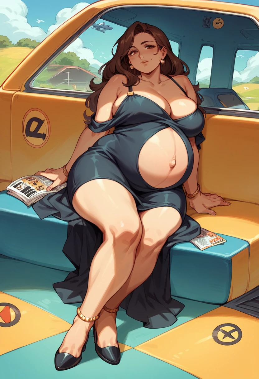 Chubby thic mature pregnant japanese wife, brown long hair, Brown eyes, black sexy dress, sitting on airplane chari with husband, smiley expression,trading a magazine, high heels, Golden anklet