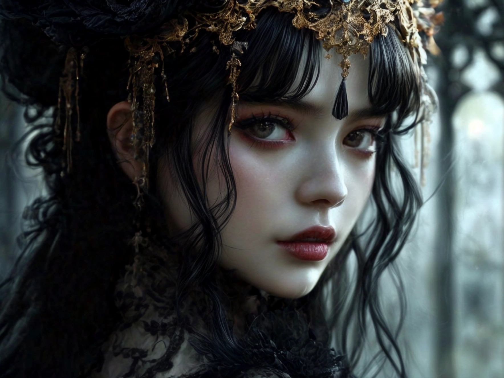A highly detailed photorealistic image, a close up of a beautiful japanese woman, long hair with bangs, dreamy gothic girl, gothic make-up, she is a vampire, beautiful face, detailed face, elegant render, half body photo, mistress, photoshop render, a bit bluish cinematic lighting, ebony rococo, elegant girl, female spy, haunting beautiful young woman, detailed face, extravagant dress, beauty girl, very femenine, gothic cemetery at background, dark haze atmoosphere, ambient dust