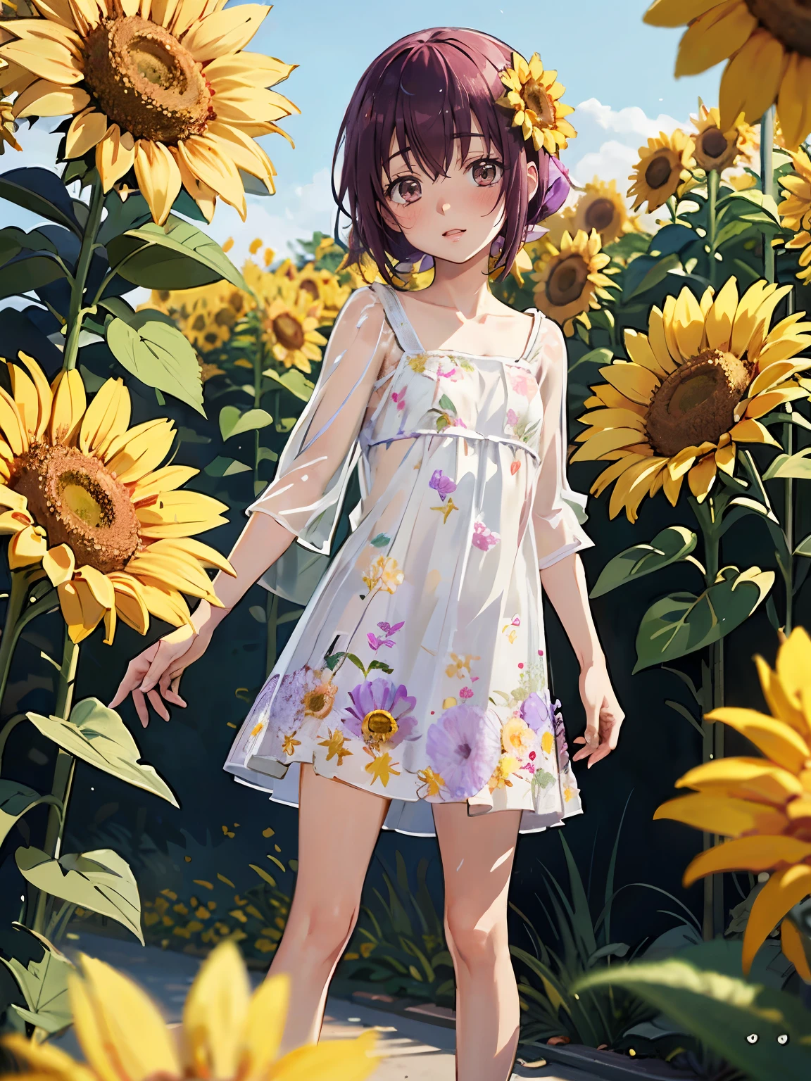 Realistic Skin, Ecstasy, Very short stature，Very thin thighs，13 years old，Small child:1.3，((Fully transparent:1.3) A sheer floral print casual dress)，naked，outside，Midsommar Garden，Sunflower flowers，