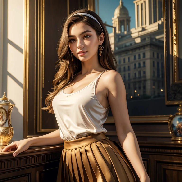 (masterpiece, best quality:1.5), highest quality, High resolution, super detailed, Realists, Bust portrait of a 22-year-old brunette woman, detailed and beautiful eyes, beautiful detailed lips, very detailed eyes and face, longeyelashes, A 22-year-old woman in a shiny satin tank top and a pleated skirt, Beautiful and colorful makeup, elegant and noble々Pose,shiny satin headband,, City as background, bright daylight, bright colors, fine brushstrokes, Portrait style, beautiful color palette, glowing skin, First-class rendering, that captures every detail, enchanting atmosphere, (perfect anatomy:1.2), (The stunning woman is wearing a tank top and a pleated skirt. She smiles flirtatiously., She stands and shows off her figure, (magnificent panorama view:1.2)