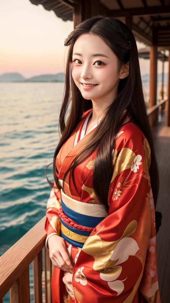 Wearing a kimono　Red long hair　Golden Eyes　Smiling　Ghibli style　The background is the seaside　Nezuko