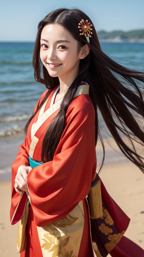 Wearing a kimono Red long hair Golden Eyes Smiling Ghibli style The background is the seaside Nezuko