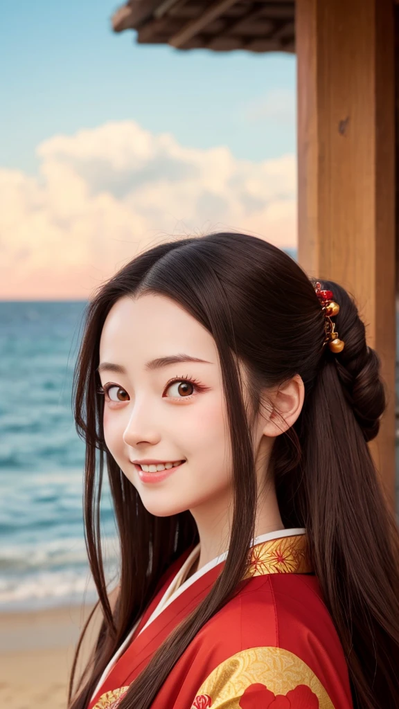Wearing a kimono Red long hair Golden Eyes Smiling Ghibli style The background is the seaside Nezuko