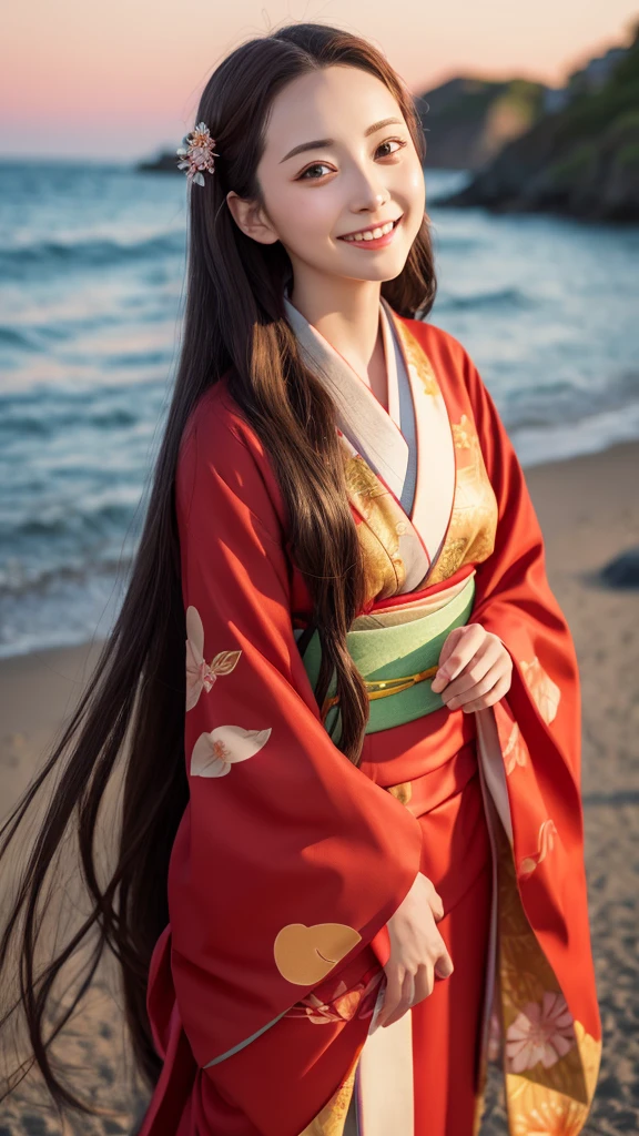 Wearing a kimono Red long hair Golden Eyes Smiling Ghibli style The background is the seaside Nezuko