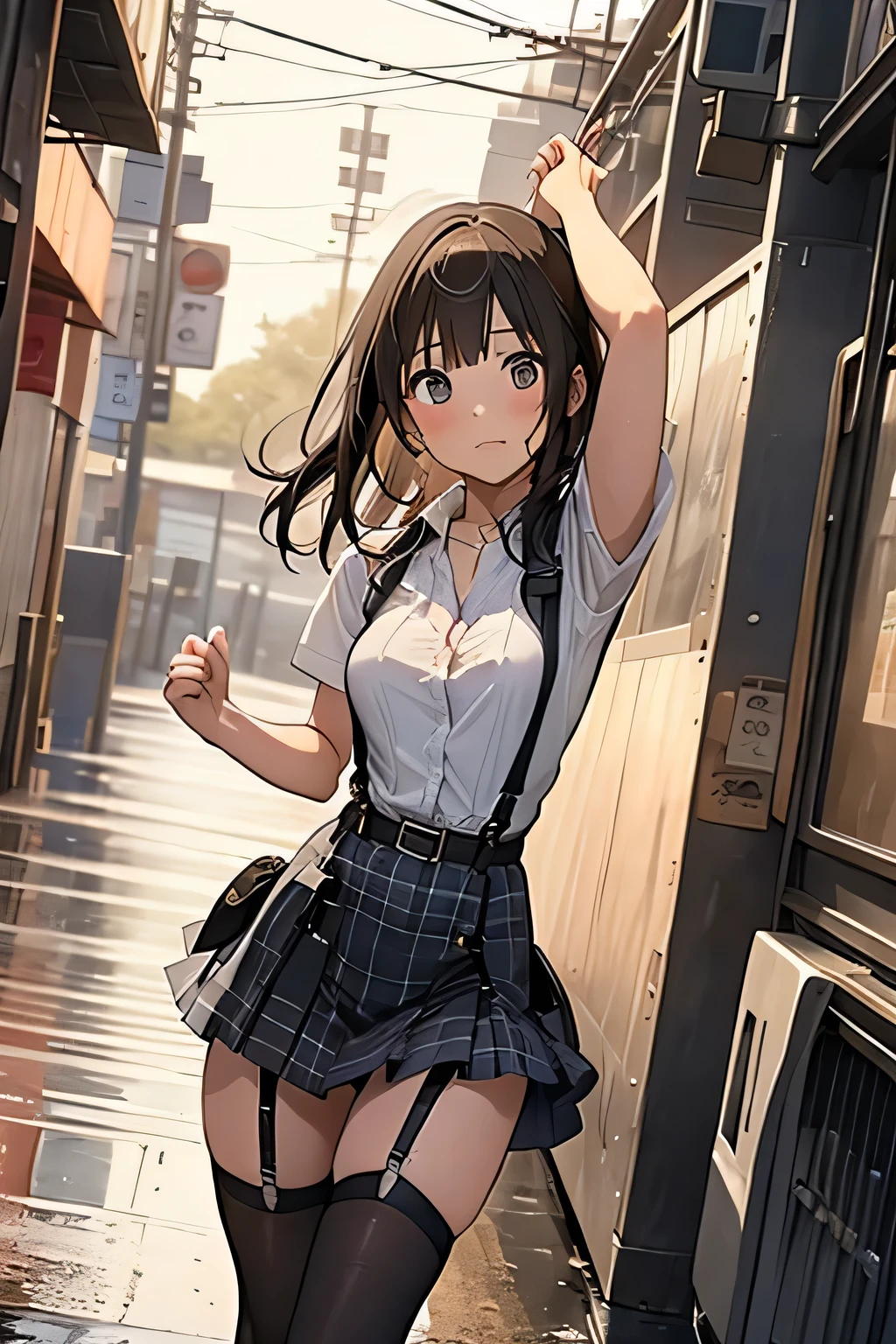 1 female, , high quality, masterpiece, Ultra-high resolution, Cinema Lighting, 1 female, , high quality, masterpiece, Ultra-high resolution, , Cinema Lighting, suspenders　　　Moderate breasts　 　 　　　　　 　　　　Small face　 　　　　　　　　　　　Looking up　　　　Sweat 　　　Thin belt　buzzer　脇Sweat 　　　　 　garter belt　　Belt on pants　　holster　 　　Hands behind your back　 　Looking up　Anxious face　Knee-high　Knee socks　Knee-highソックス 　garter　ふとももにgarter belt　Checkered mini skirt　 　　Panty shot　Skirt gap Armament　　　holster　holster 　　Hands behind your back　 Anxious expression　　Anxious face, legs apart　Armament　　Leg Holster　holster　See-through clothing　heavy rain　Rain-soaked dress shirt,Moderate breasts　ガーターbelt　suspenders　Garter on the thigh　Checkered mini skirt　Looking up　Pause　belt　Armpit sweat　Hands behind back　Raise your hands
