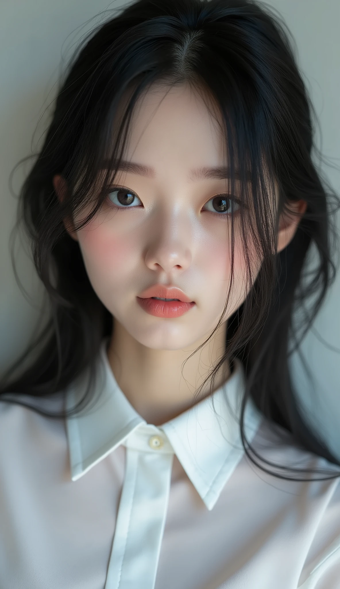 Neat、I am half Japanese and half Russian, a beautiful woman、I am a 1。Black Hair、Medium straight、Beautiful small face with short eyelashes、Boyish eyes、High nose、Deep blue eyes、Very thin upper lip、Milky skin、Accurate and attractive body shape、Beautiful bust、Waist、Hip、Thighs、knees、foot、tie、I am wearing a white collared shirt。Real Stick、Masterpiece、Highest quality