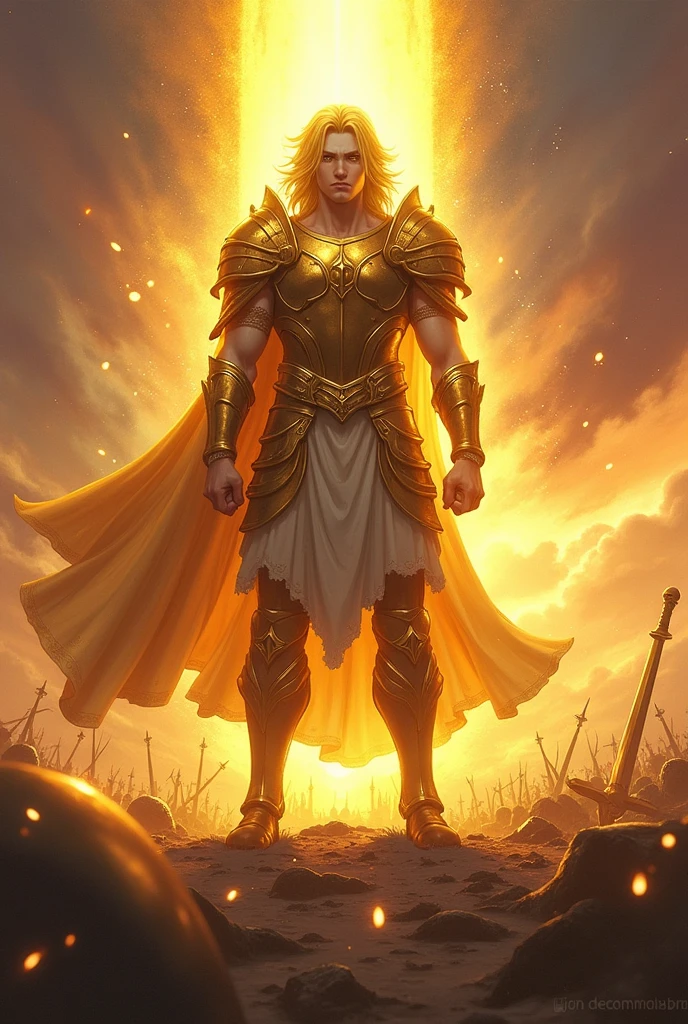 A character named escanor the sword of protection. He is the luckiest most powerful human glowing with golden aura  has golden hair golden eyes golden armour white pale skin and a stoic look, he peacefully looks towards his enemies and says it is impossible for me to lose as the fate of all that lives depends on my shoulders 