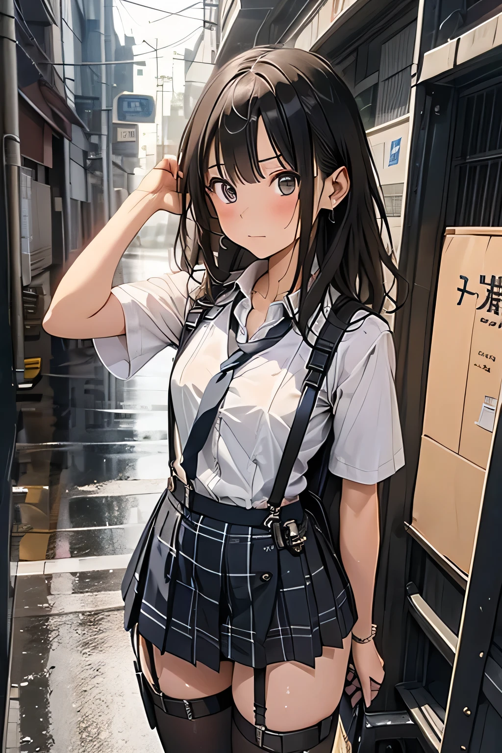 1 female, , high quality, masterpiece, Ultra-high resolution, Cinema Lighting, 1 female, , high quality, masterpiece, Ultra-high resolution, , Cinema Lighting, suspenders Moderate breasts Small face Looking up Sweat Thin belt buzzer 脇Sweat garter belt Belt on pants holster Hands behind your back Looking up Anxious face Knee-high Knee socks Knee-highソックス garter ふとももにgarter belt Checkered mini skirt Panty shot Skirt gap Armament holster holster Hands behind your back Anxious expression Anxious face, legs apart Armament Leg Holster holster See-through clothing heavy rain Rain-soaked dress shirt,Moderate breasts ガーターbelt suspenders Garter on the thigh Checkered mini skirt Looking up Pause belt Armpit sweat Hands behind back Raise your hands