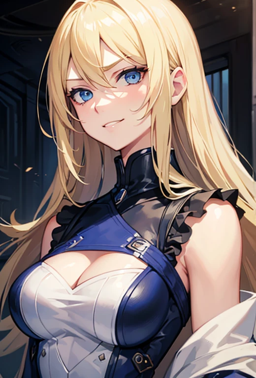 1 girl, blonde hair and blue eyes, arrogant expression on her face, smug smile.