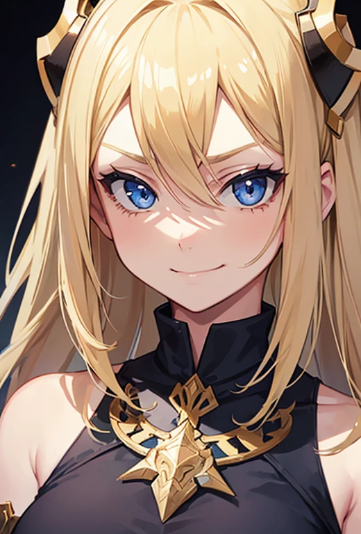 1 girl, blonde hair and blue eyes, arrogant expression on her face, smug smile.