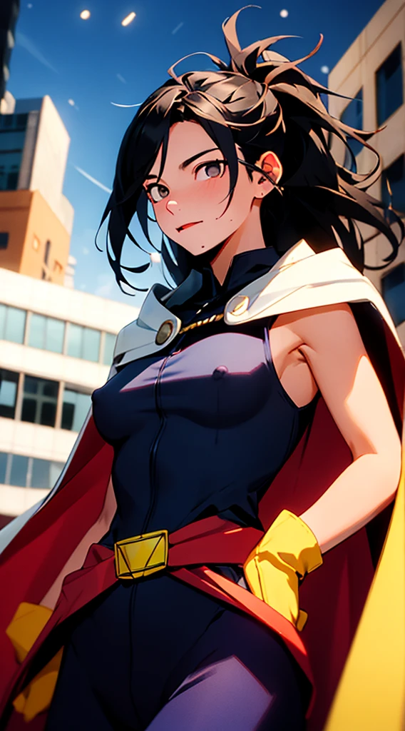 (masterpiece, best quality:1.4), cinematic light, colorful, high contrast, (1girl), NanaShimura, boku no hero academia, black hair, mole under mouth, large breastlue eyes), hair between eyes, sleeveless, black bodysuit, red belt, white cape, yellow gloves, in the city, night, stars, naked portrait, nude photography, shiny nipple, show armpit