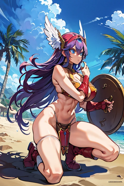 profile, side glance, Glare, anger, slashing, on one knee, open legs,
soldier(dq3), bikini armor, winged helmet, red armor,dq3,Woman warrior,
((Highest quality)), ((masterpiece)),(detailed),High resolution,Sharp focus,Perfect Face,{best illustration},(complete anatomy),
shiny 肌,very shiny 肌,Shiny body,plastic glitter 肌,exaggerated shiny 肌,illuminated 肌,curvy,
(非常にdetailed CG unity 8k wallpaper),(((Vibrant colors))),Official Art,One person,Perfect Fingers,
Purple long hair,Curly Hair,blue eyes,Sharp Eye,Large Breasts,(Perfect body,Perfect breasts,Glamour:1.1),
An athletic body, Muscular,visible muscles,Firm Abdomen,Long legs,((Huge hips:1.2)),
Beautiful Eyes,Symmetrical eyes,Light blue eyes,
gloves,Loincloth,Red long boots,shield,Broadsword,
(sand丘,sand:1.2),pyramid,Dust,the wind is strong,sandstone,(sand漠のオアシス:1.2), Ancient weathered stone pillars submerged in an oasis,((Vast blue sky)),
Towering palm trees,Flickering mirage,(medieval landscape:1.2),
The wind is blowing strongly,