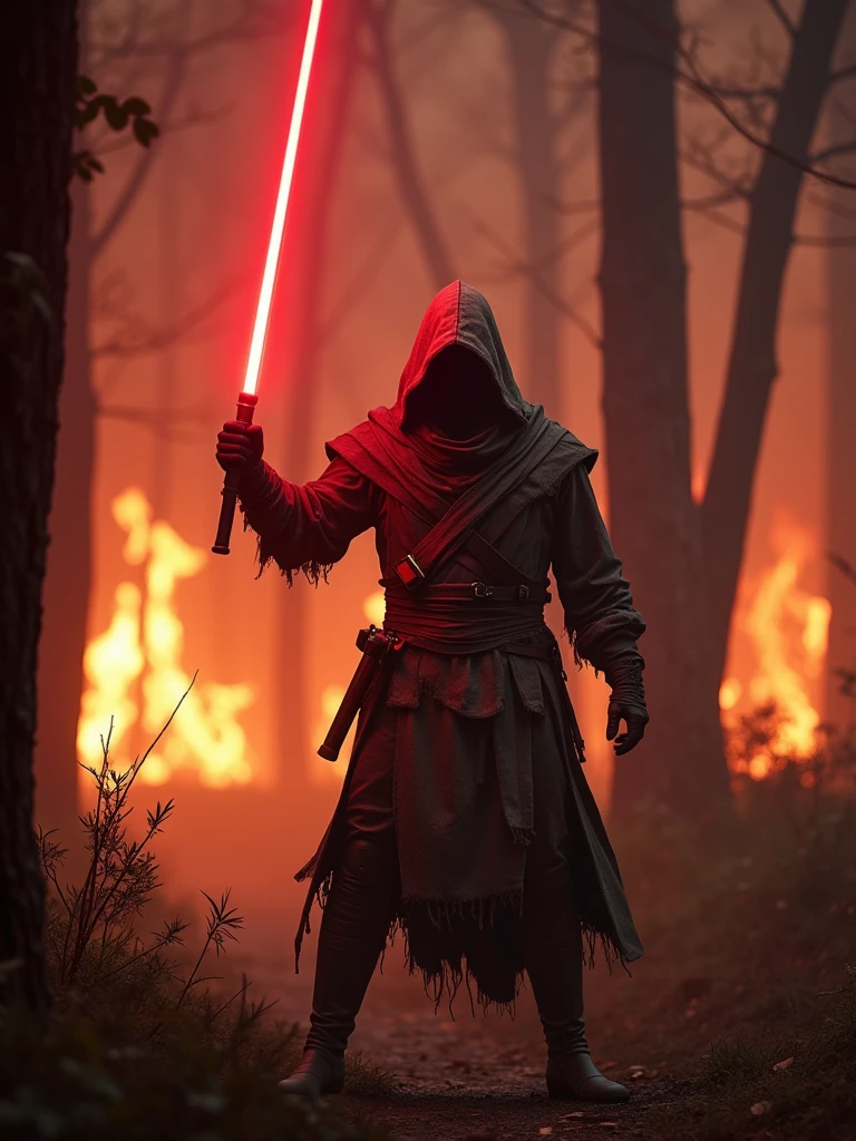 (masterpiece:1.2), (best quality:1.2), 8k, HDR, ultra detailed, ((photorealistic)), professional light, cinematic lighting, fashion photography, ambient lighting, background, a dark forest, fire, forest fire, surrounded by fire, Darkness, epiCPhoto, fire, A thief in cloth armor, holding a red light saber both hands. demonic, evil, sinister aura. 