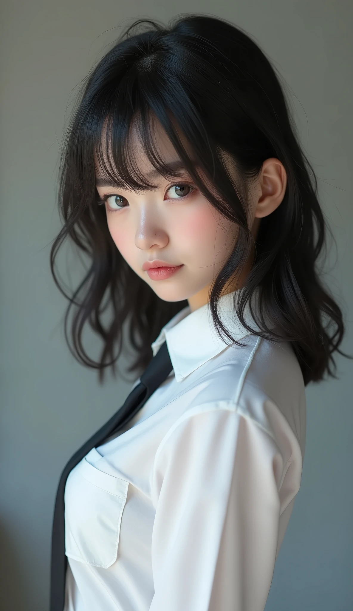 Neat、I am half Japanese and half Russian, a beautiful woman、I am a 1。Black Hair、Medium straight、Beautiful small face with short eyelashes、Boyish eyes、High nose、Deep blue eyes、Very thin upper lip、Milky skin、Accurate and attractive body shape、Beautiful bust、Waist、Hip、Thighs、knees、foot、tie、I am wearing a white collared shirt。Real Stick、Masterpiece、Highest quality