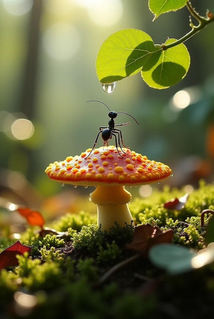 an ant is on top of a fungi trying to drink a drop of water hanging on a leaf