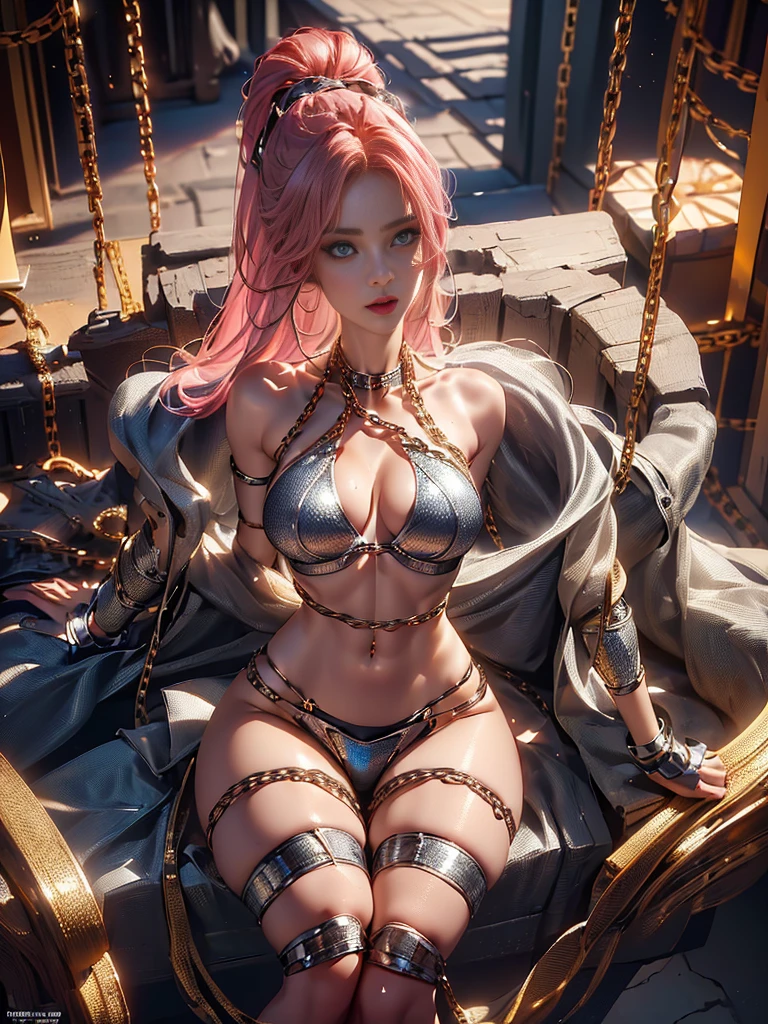 (spread legs), Ultra-detailed 8K computer graphics, BDSM, beautiful delicate breasts, Perfect female body, Ball plugs, sitting position, Bound wrists, bondage suit, (((Torture chair))), ((wearing a slave bra with chains), ((breasts covered with sexy chain mail: 1.44)), ((bondage of chains: 1.44)), (leather shorts: 1.3), ((Hyperrealism: 1.3)), (depth of field), (focus sharpness: 1.2), (1 Hot incredibly beautiful femme fatale), with perfect body, (perfect proportions), (((anatomically correct))), accurate skin texture, (extremely beautiful face, beautiful lips, beautiful blue eyes), complex facial details, ((super-detailed skin)), ((masterpiece (makeup: 1,3), [[pink lipstick]], eyeliner)), ((High-quality, natural, long golden hair, medium length ((cascade haircut, very detailed)), beautiful golden skin, slender face, beautiful cheekbones, thin stomach, (narrow waist: 1.25), beautiful hips, (slender toned body: 1.3), ((neat beautiful breasts: 1.65)), Underground room, (seat belts), Enthusiastic gaze, ((Clear focus))- Very detailed texture of the face and skin.