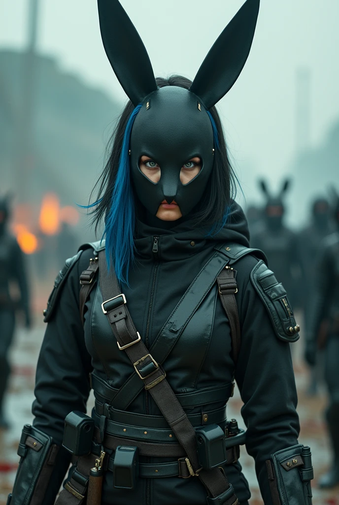 A female Call Of Duty soldier.

In your face, there is a Rabbit Mask Face. The mask is large, it goes from nose to forehead, there are two holes in the mask where the woman's gray-green eyes are seen. 

The Suit is black Military, full of weapons and sharp objects. 

The woman has Korean eyes, her hair is black with Korean bangs with blue streaks.

About the mask, She is a symbol of your past, she doesn't like to show any skin of her face, her face is a total mystery so there should not be any part of her face skin exposed.

The scenario should be cinematic, haos, deaths, bloodstains.