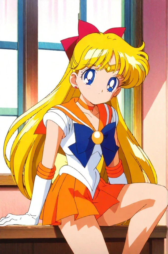 score_9, score_8_up, score_7_up, score_6_up, score_5_up, score_4_up, source_anime, (masterpiece:1.3),(highest quality:1.4),(Super detailed:1.5),8k,High resolution,an extremely delicate and beautiful,Official Art,Perfect Anatomy,(anime_screencap:1.11),(90s anime,90s anime style,Cel-shaded anime:1.47),anime coloring,(1girl:1.5), ((very young child:1.52)),
((aavenus:1.52)), long hair, blonde hair, hair bow, tiara, earrings, blue eyes, orange choker, orange sailor collar, blue bow, white shirt, elbow gloves, white gloves, pleated skirt, orange skirt, bare legs,