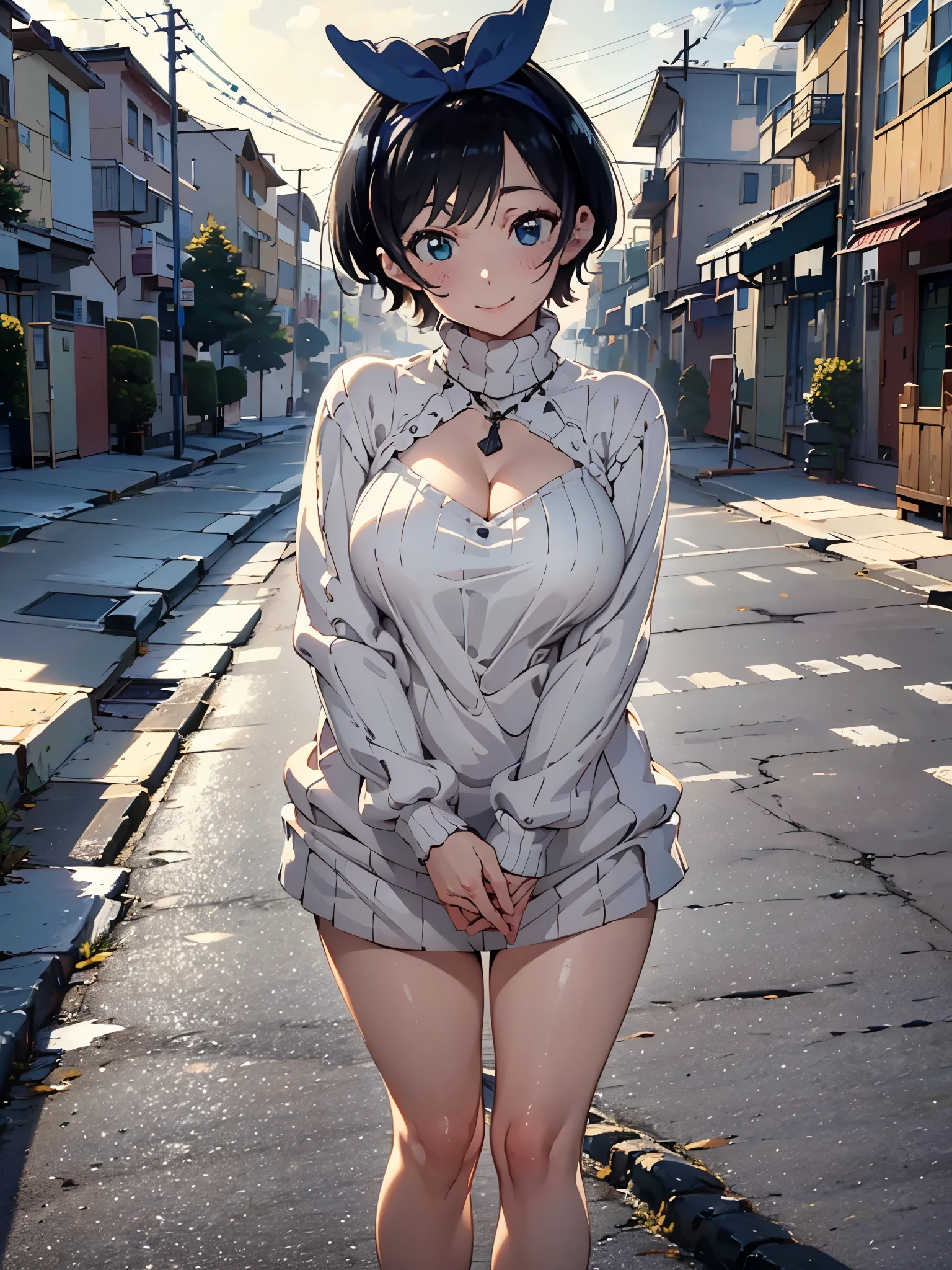 (Best quality:1.5), Highres, Masterpiece, Detailed, Photo, Ultra-detailed digital anime art, clear face depiction, top quality colors, ((nsfw:1.4, masterpiece, best quality, highres, UHD)), Anime Style, Soft Line Art, Digital Enhancement, beautiful anime girl, beautiful art style, anime character, 1 girl, medium size breasts, cleavage, standing, Hand Gesture, cute smile, Smiling, Short Hair, use Bikini