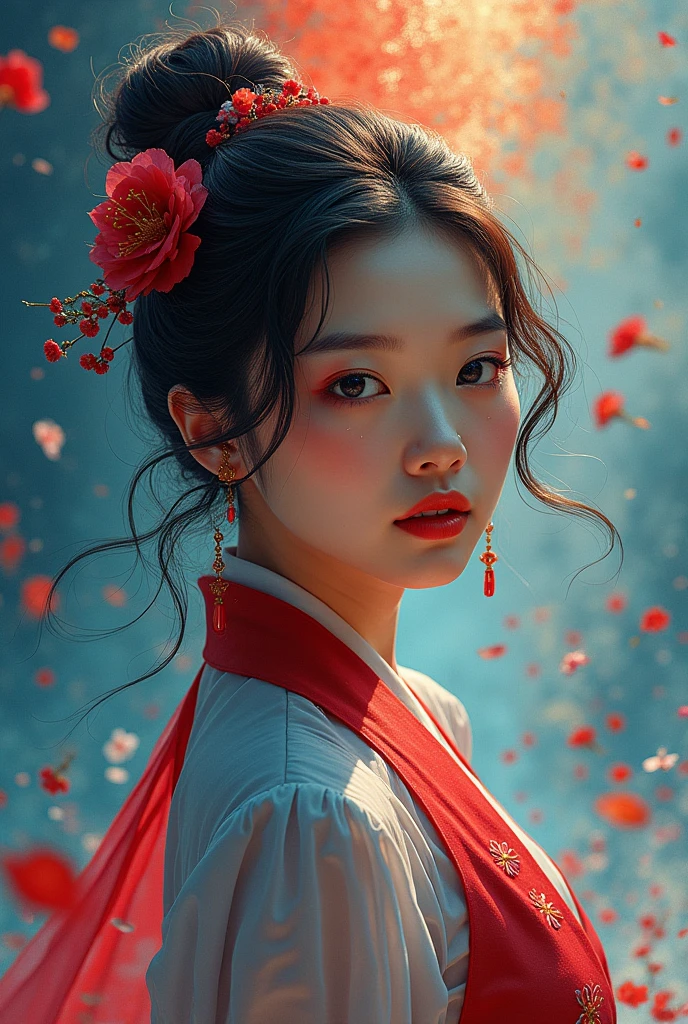 Visually captivating artwork, (with skillful use of color, composition, and light.) Innovative artwork, showcasing unique and imaginative concepts. (korean woman), (hyperrealism), (high-detailed) Emotionally resonant, effectively conveying a narrative. Momentum aligned, reflecting a sense of movement and progress. Skillfully, demonstrating meticulous detail and technique