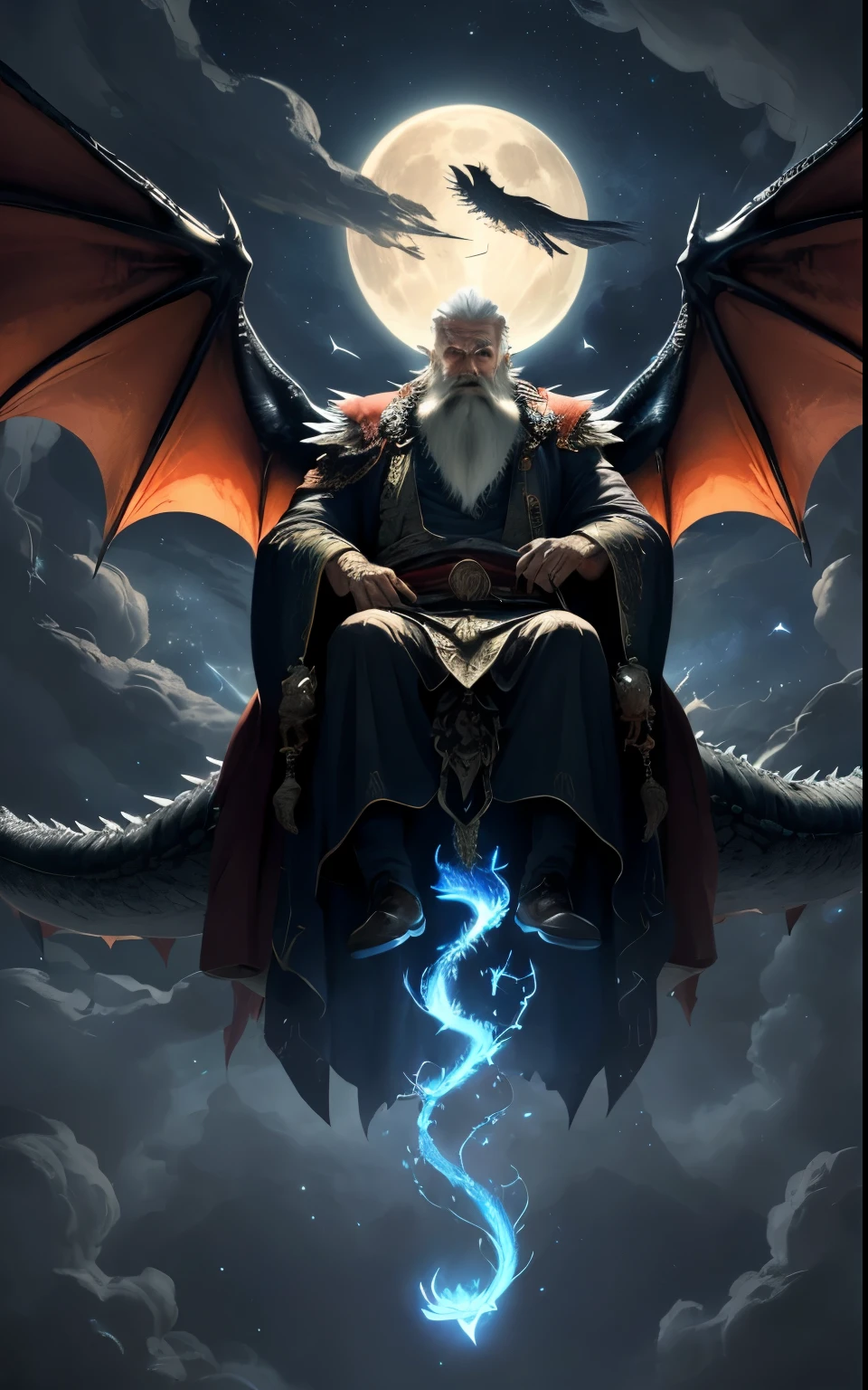 Walter Wastpepper:1.2), (Best quality at best), Detailed pubic hair, hyper HD, Movie Lighting, Focus sharp, (illustratio:1.1),An old white-haired and white-bearded sorcerer, dressed in dark, flowing robes, (flies through the night sky). He sits on a mystical, glowing chariot, pulled by two enormous, fearsome dragons with powerful wings and glowing eyes. The sorcerer holds the reins tightly, his eyes burning with magical energy, as the dragons soar through dark clouds illuminated by the moonlight