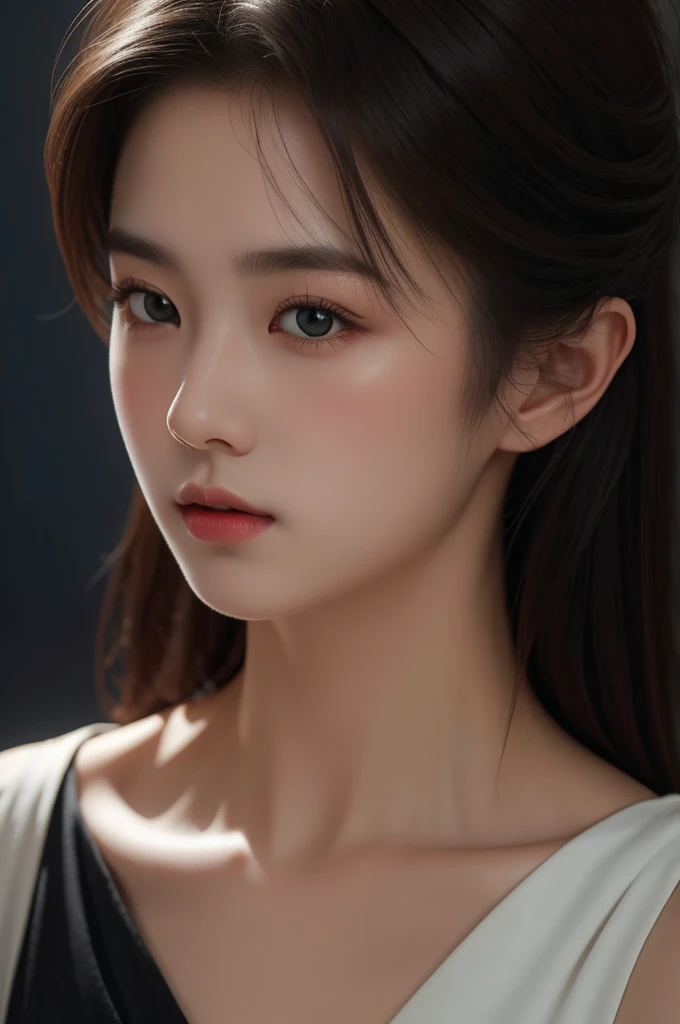 The artwork features a stunning portrait of a beautiful girl with a dark theme, ultra-sharp 16k CG, a masterpiece, excellent image quality, very delicate), (excellent lighting and shadows, exquisite and beautiful), truly smooth skin, bright face, displaying near-perfect 18k quality, versatile, lovely.