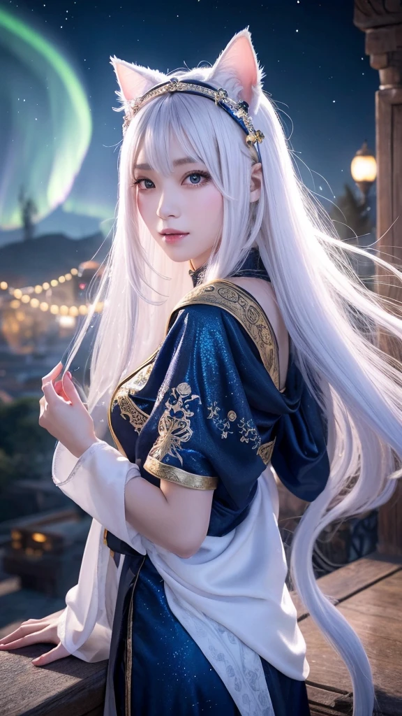 Attractive fortune teller with long flowing white hair and cat ears facing forward。She has a mysterious and unrealistic air about her.、His sharp eyes seem to harbor ancient wisdom.。Wearing intricately patterned robes、Interwoven with mystical symbols and elements of the night sky。The background is a magnificent and spectacular scene.、Swirling Galaxy、Twinkling Star々、And the mysterious aurora spreads。The overall atmosphere is magical and enchanting.、It highlights the fortune teller&#39;s powerful presence.。Rendered in the highest quality。」