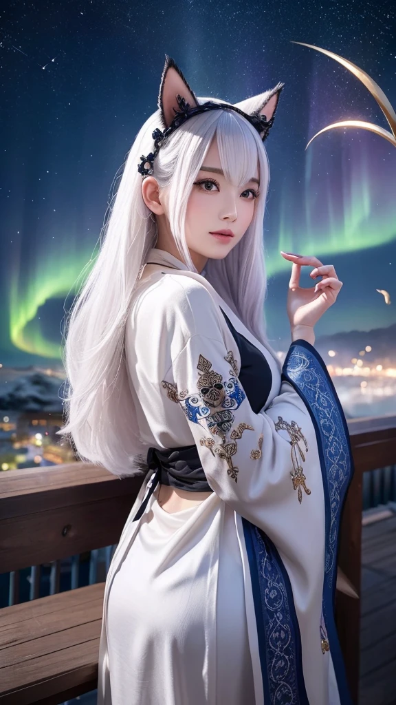 Attractive fortune teller with long flowing white hair and cat ears facing forward。She has a mysterious and unrealistic air about her.、His sharp eyes seem to harbor ancient wisdom.。Wearing intricately patterned robes、Interwoven with mystical symbols and elements of the night sky。The background is a magnificent and spectacular scene.、Swirling Galaxy、Twinkling Star々、And the mysterious aurora spreads。The overall atmosphere is magical and enchanting.、It highlights the fortune teller&#39;s powerful presence.。Rendered in the highest quality。」