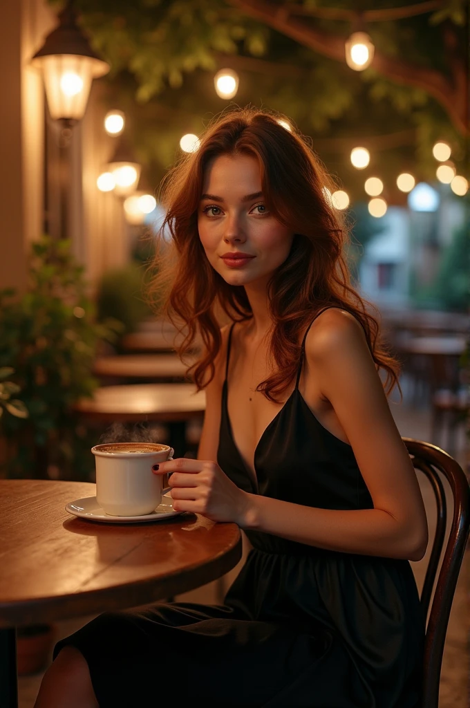 pretty girl, chestnut hair, honey eyes,  The black silk dress gracefully fits your chic figure. A girl sitting at a table near a cafe, with a cup of coffee, a slight smile on her face., skin pore, freckles,a place like this, like Provence in France, night time, Soft light lanterns. highest quallity, high détail, hyperrealisti, Hyper-realistic photo of, cinematic quality, high détail, real cup of coffee, medium size coffee cup
