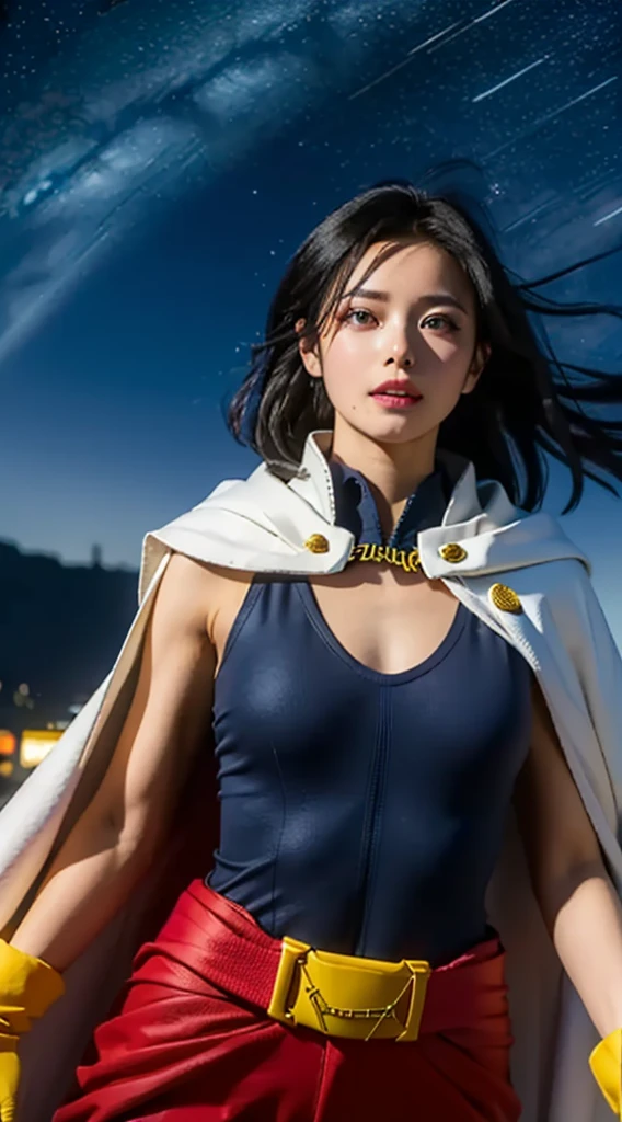 (masterpiece, best quality:1.4), cinematic light, colorful, high contrast, (1girl), NanaShimura, boku no hero academia,  black hair, mole under mouth, large breastlue eyes), hair between eyes, sleeveless, black bodysuit, red belt, white cape, yellow gloves, in the city, night, stars,