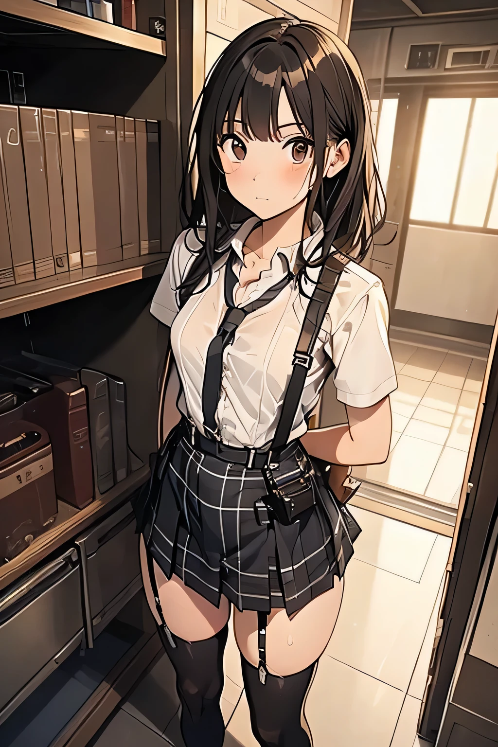 1 female, , high quality, masterpiece, Ultra-high resolution, Cinema Lighting, 1 female, , high quality, masterpiece, Ultra-high resolution, , Cinema Lighting, suspenders　　　Moderate breasts　 　 　　　　　 　　　　Small face　 　　　　　　　　　　　Looking up　　　　Sweat 　　　Thin belt　buzzer　脇Sweat 　　　　 　garter belt　　Belt on pants　　holster　 　　Hands behind your back　 　Looking up　Anxious face　Knee-high　Knee socks　Knee-highソックス 　garter　ふとももにgarter belt　Checkered mini skirt　 　　Panty shot　Skirt gap Armament　　　holster　holster 　　Hands behind your back　 Anxious expression　　Anxious face, legs apart　Armament　　Leg Holster　holster　See-through clothing　heavy rain　Rain-soaked dress shirt,Moderate breasts　ガーターbelt　suspenders　Garter on the thigh　Checkered mini skirt　Looking up　Pause　belt　Armpit sweat　Hands behind back　Raise your hands