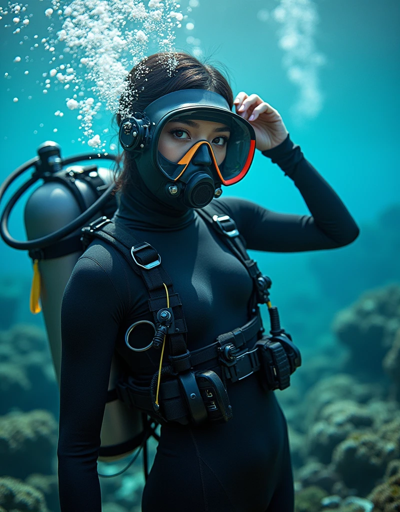ultra-realistic, photorealistic, 20 years old Japanese famous idol girl, very beautiful Japanese but commercial diver, full-makeup, She works in undersea steel construction, masterpiece, (face focus:1.3), beautiful eyes, (wearing commercial diving suits with scuba equipment), (fully equipped for scuba diving:1.3), (putting on a full face scuba mask:1.5), (putting scuba breathe mask on the mouth:1.5)