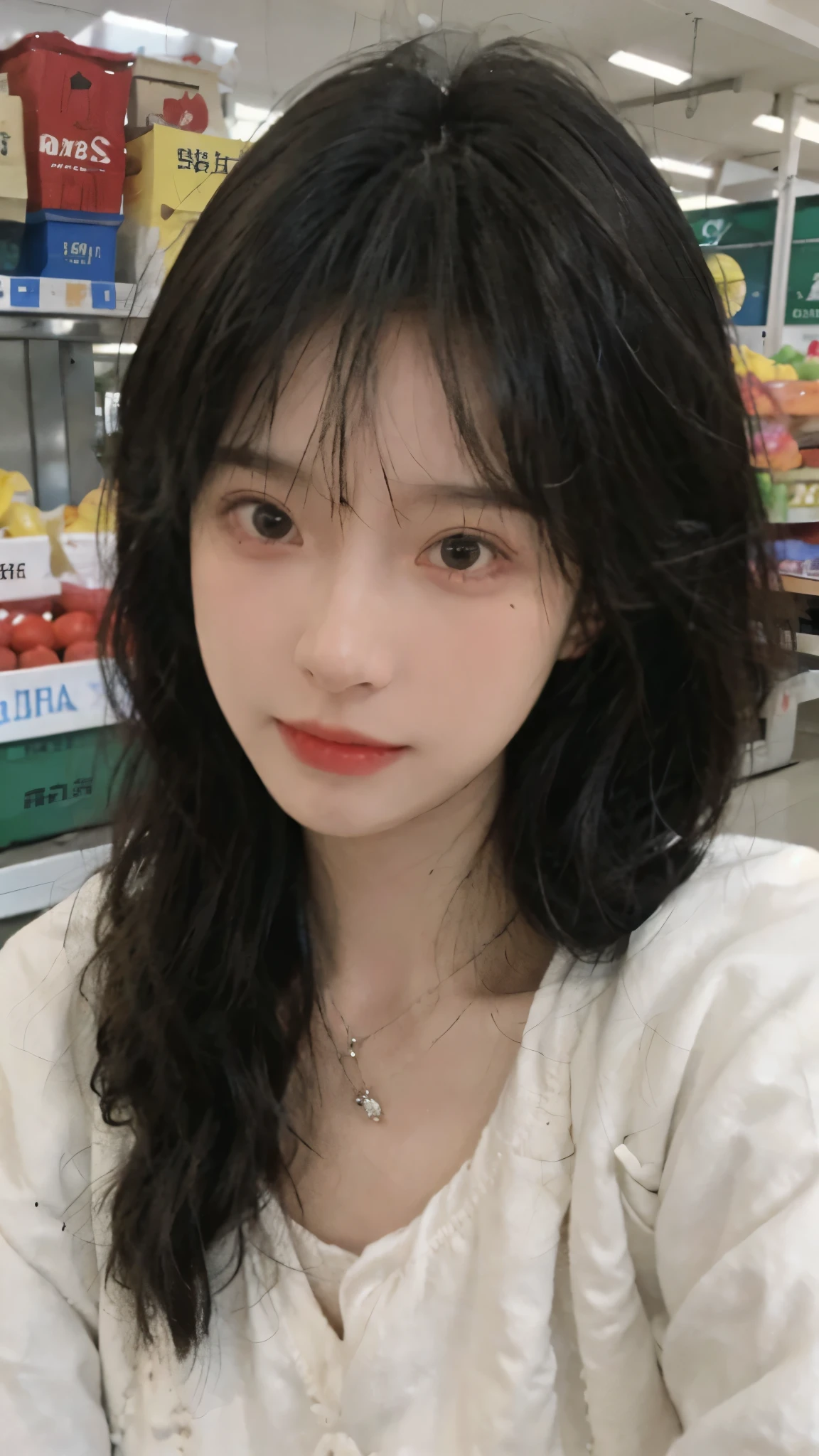 Best quality，Ultra-high resolution,(Realism:1.4)，Cute hairpins，girll,Cropped black sweater，Look directly at the audience，Full of atmosphere，Beautiful woman with a slim figure:1.4，supermarket，whole body，Super delicate face，Exquisite eyes，Double eyelids，necklace