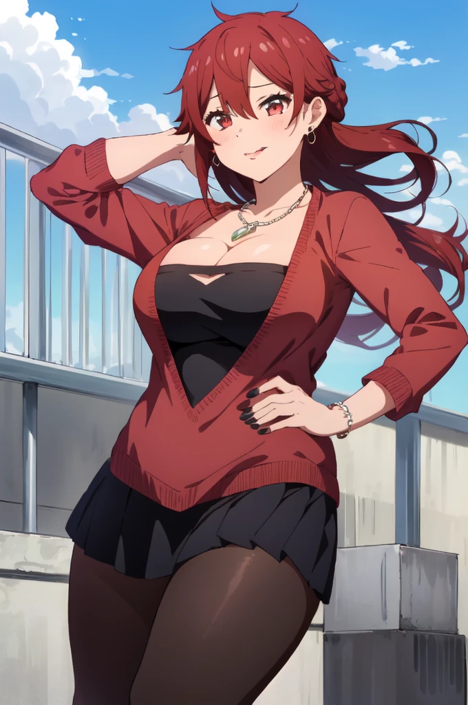 ((best quality)),((highly detailed)),masterpiece,absurdres,detailed face,beautiful face,(detailed eyes, deep eyes),1girl,  Tomo, , solo,  red eyes, short skirt , sky, day, cloud, pleated skirt, leopard print panty, outdoors, looking at viewer, open clothes, standing, loose white shirt showing cleavage, Gyaru, Big breast, tanned skin, Glossy lips, a lot of earpierce, Necklace,Bracelet, Half eyes expression, Smirk, feminim,1girl,Solo,Spouty mouth,Big hair,Heart shaped emotion,Bored expression,Thick lips,colored Long nail,Stylish wavy hair,Celeb wavy hair,Tight tights,Plump,Curvy figure,top knot Ponytail,wavy ponytail,H cup,Gyaru rings,Gyaru accesories,Big bouncy breast,Curvy figure,Half eyes open expression,((long sleeved green Sweeter showing cleavage)),Spouty mouth expression,1hand crossing,1hand in cheek,Solo