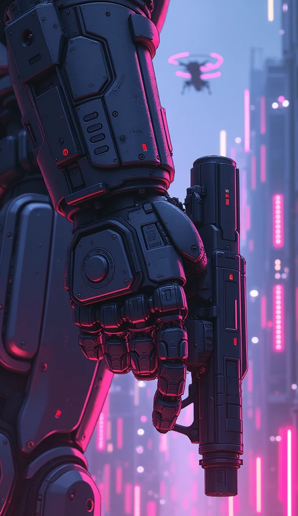 cyberpunk, sci-fi, anime, a close-up of the hand of big mech warrior, holding big gun, ready to shoot, profile shot