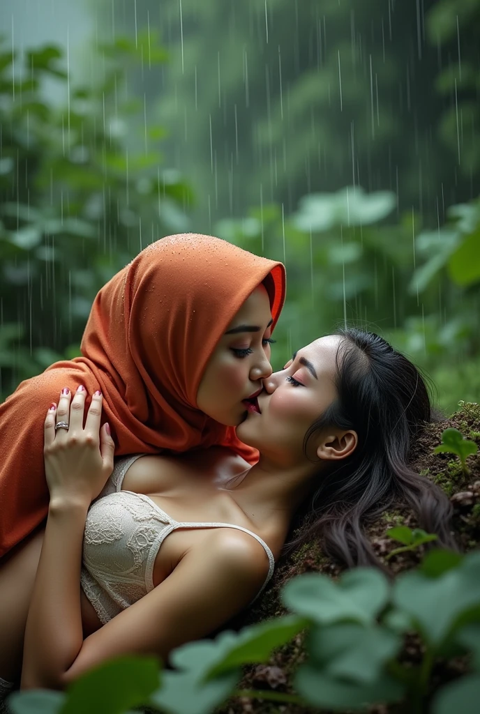 beautiful hijab indonesian lesbian girl laying down,bra and panties,hugging,french kiss,breast grope,view from far,,raining,front view ,medium breast,embracing