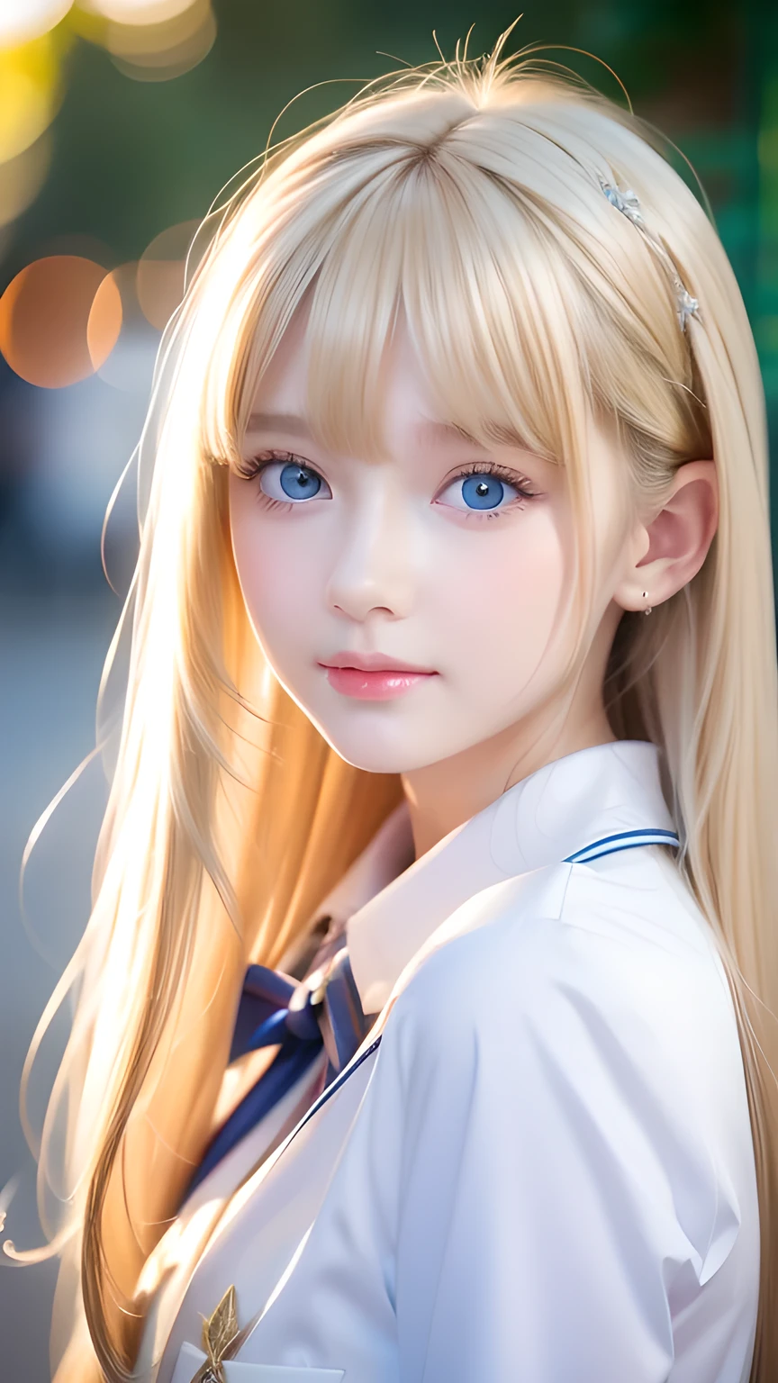 A beautiful girl in very white、Super long blonde hair, Beautiful and pretty bangs that fall between the eyes、Very beautiful face、Bright expression、Beautiful jewel-like, very large, bright blue eyes, Bright, dazzling natural platinum blonde、Super long straight hair、Eyebrows behind the bangs、school uniform、School uniform、Textured white skin, High detail, Best Quality, 4K high resolution、Glowing Skin、Small Face Beauty、Round face
