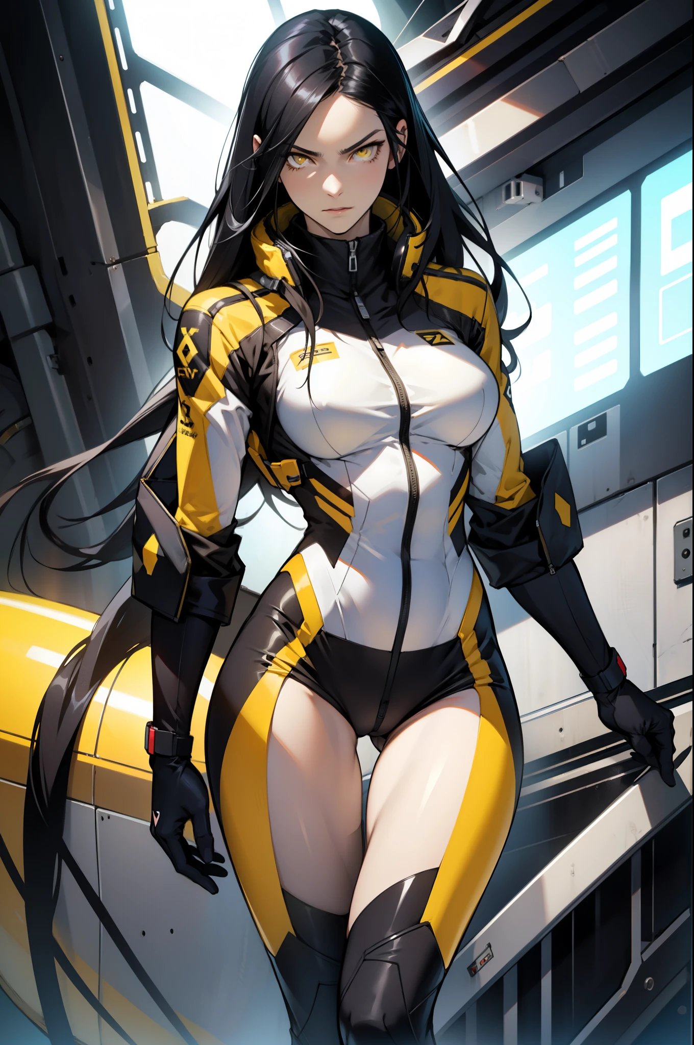 1 girl, black hair, yellow eyes, very long hair, pale skin, fit body, slender body, slim waist, large breasts, (confident expression), pilot suit, thigh gap, bare thighs,