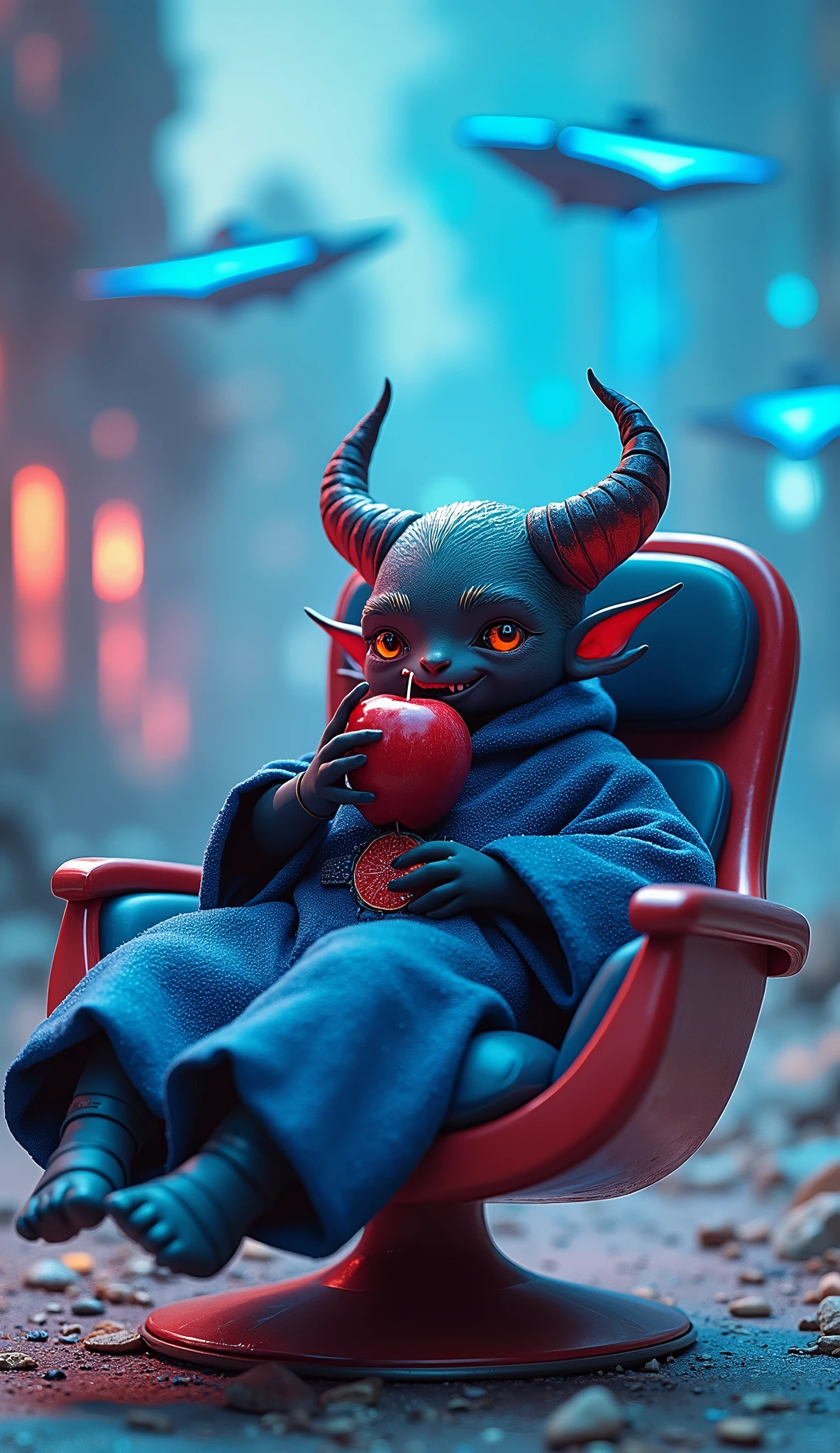 Science Fiction,一个cute小魔王巴巴塔坐在躺椅上吃苹果:智慧之体of神秘外貌
在小说《Swallowed Star》middle,巴巴塔of外貌被描绘得相当独特且富有想象力,(Has 2 small fangs:1.3),For intelligent life,他of存在可能更多地体现在层面和智能光脑等特殊装置所生成of能量体上。三角形未来深蓝色战机悬浮在空middle,
Race and identity:巴巴塔是陨墨星之主呼延博创造of智能核心,经过长年累月of学习升级,Evolution into "intelligent life"。
head:巴巴塔拥有额头两根尖角of特征,这为他增添了几分神秘和威严of气息。at the same time,他of双眸血红,透露出深邃与智慧of光芒。
Wear:蓝色高科技材质of袍子或战衣。cute。Science Fiction,of,Mecha,Cyberpunk,
