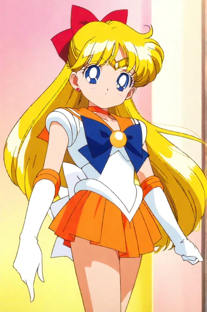 score_9, score_8_up, score_7_up, score_6_up, score_5_up, score_4_up, source_anime, (masterpiece:1.3),(highest quality:1.4),(Super detailed:1.5),8k,High resolution,an extremely delicate and beautiful,Official Art,Perfect Anatomy,(anime_screencap:1.11),(90s anime,90s anime style,Cel-shaded anime:1.47),anime coloring,(1girl:1.5), ((:1.52)),
((aavenus:1.52)), long hair, blonde hair, hair bow, tiara, earrings, blue eyes, orange choker, orange sailor collar, blue bow, white shirt, elbow gloves, white gloves, pleated skirt, orange skirt, bare legs,
