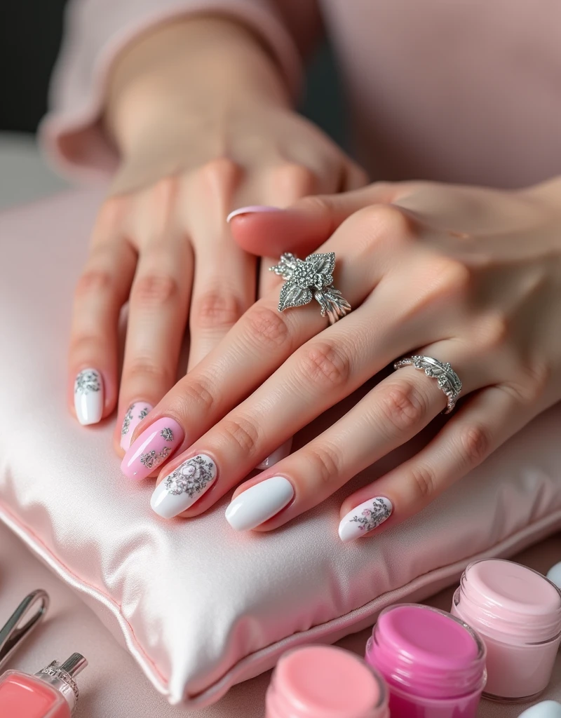 A close-up view of a set of beautifully manicured hands. The perfectly shaped nails are painted in pastel colors and are decorated with tiny, flowery patterns. Each finger is adorned with silver rings designed with intricate details. The hands are resting gently on a silk cloth, and beneath them, there is a light pink cushion that contrasts well with the pastel nail paint. All around, there are various manicure tools neatly placed, including a nail file, cuticle oil, and an assortment of nail polishes in various shades.