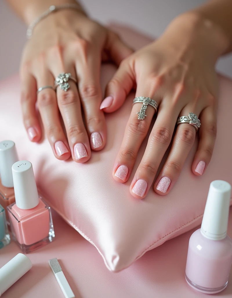 A close-up view of a set of beautifully manicured hands. The perfectly shaped nails are painted in pastel colors and are decorated with tiny, flowery patterns. Each finger is adorned with silver rings designed with intricate details. The hands are resting gently on a silk cloth, and beneath them, there is a light pink cushion that contrasts well with the pastel nail paint. All around, there are various manicure tools neatly placed, including a nail file, cuticle oil, and an assortment of nail polishes in various shades.
