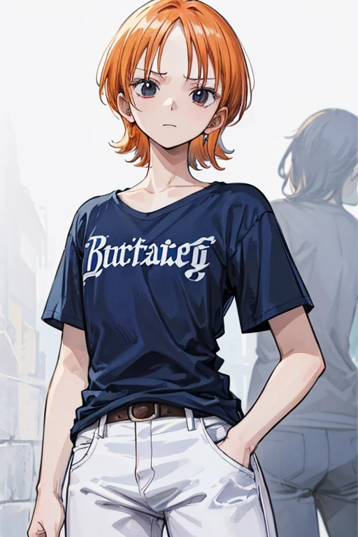 ((masterpiece)), ((high quality)),((ultra-detailed)), ((extremely detailed)),4K,8K, ((one piece)), (anime style), ((extremely detailed)), 1 boy, (solo:1.3), (looking front), ((tiny boy)), (medium hair:1.2), (parted bangs:1.2), orange hair, (round face:1.2), (pale skin:0.6), (round eyes:1.3), black eyes, (long nose:0.9), (expressionless:1.3), front view, perfect face, (perfect eyes:1.2), face for 8 years old boy, white and blue shirt, ((blue long jeans pants)), white plain background, cowboy shot