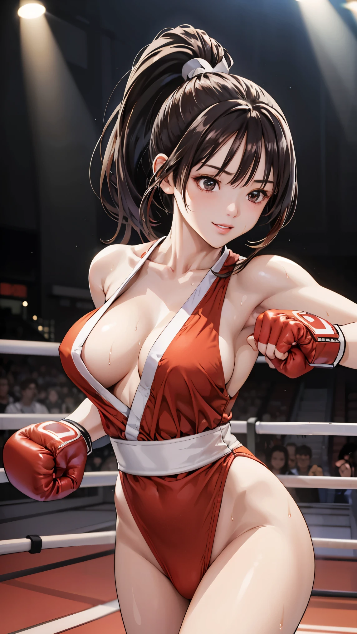  men and women ,expensive,170cm、  (Boxing Ring、Spotlight、Large crowd、Stadium), 、(Confident々Face、smile)、Long Hair、They hesitate,Sweaty body、Wet Hair,  Underarm, Big Breasts , (expensive色彩彩度:1.0),  (Very detailed肌), (Highest quality:1.0), (Ultra-high resolution:1.0) ,(Realistic:1.0), (Very detailed:1.0), (8k, RAW Photos:1.1)、Standing、ponytail、mai shiranui