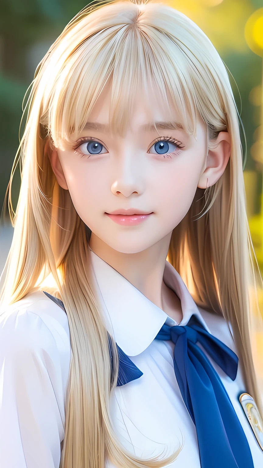 A beautiful girl in very white、Super long blonde hair, Beautiful and pretty bangs that fall between the eyes、Very beautiful face、Bright expression、Beautiful jewel-like, very large, bright blue eyes, Bright, dazzling natural platinum blonde、Super long straight hair、Eyebrows behind the bangs、school uniform、School uniform、Textured white skin, High detail, Best Quality, 4K high resolution、Glowing Skin、Small Face Beauty、Round face