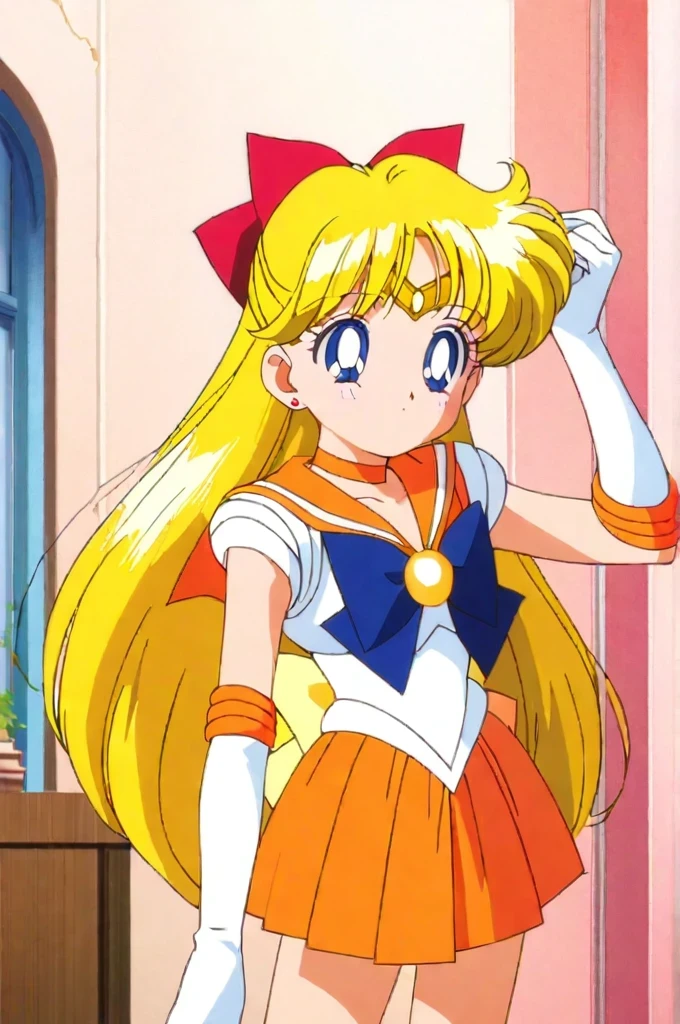 score_9, score_8_up, score_7_up, score_6_up, score_5_up, score_4_up, source_anime, (masterpiece:1.3),(highest quality:1.4),(Super detailed:1.5),8k,High resolution,an extremely delicate and beautiful,Official Art,Perfect Anatomy,(anime_screencap:1.11),(90s anime,90s anime style,Cel-shaded anime:1.47),anime coloring,(1girl:1.5), ((very young child:1.52)),
((aavenus:1.52)), long hair, blonde hair, hair bow, tiara, earrings, blue eyes, orange choker, orange sailor collar, blue bow, white shirt, elbow gloves, white gloves, pleated skirt, orange skirt, bare legs,