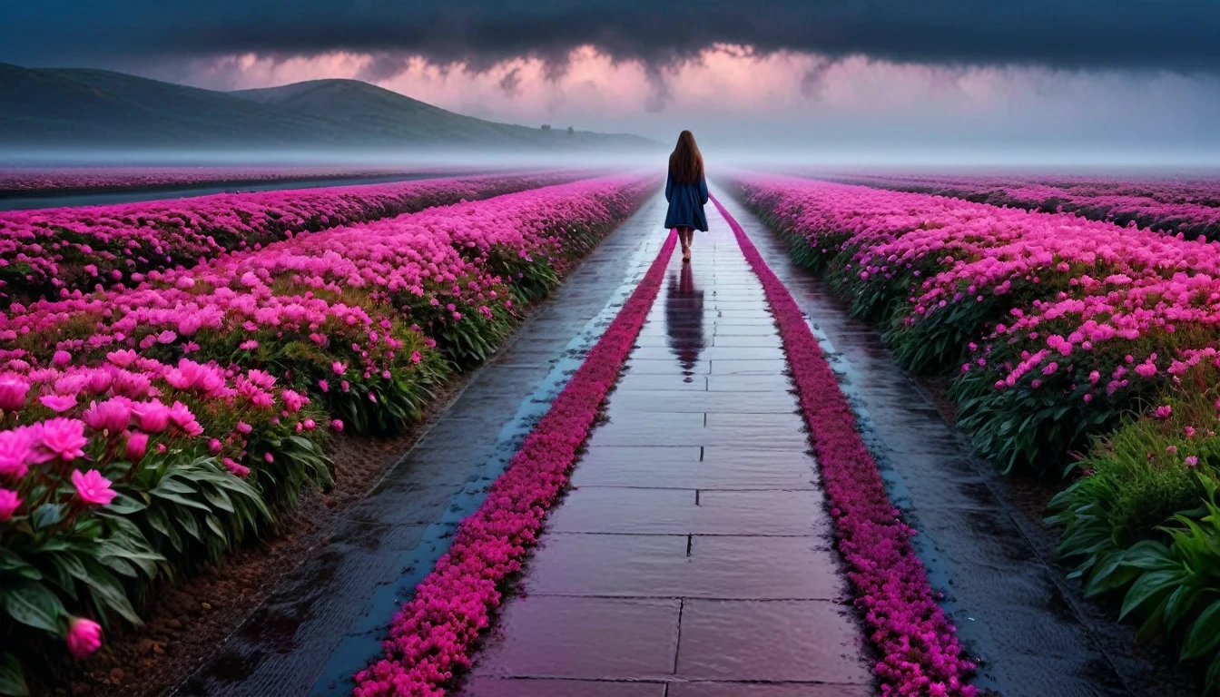 beautiful woman, long hair, wet clothes, alone, on a very long and straight path, with pink flowers on both sides along the path, a dark pink fog is coming out along the path, very long going to infinity, the ground is wet, scenery of reddish lights, 3km view ((hdr, 38k, masterpiece)) landscape wet by rain, clouds in the dark blue sky, moon stars