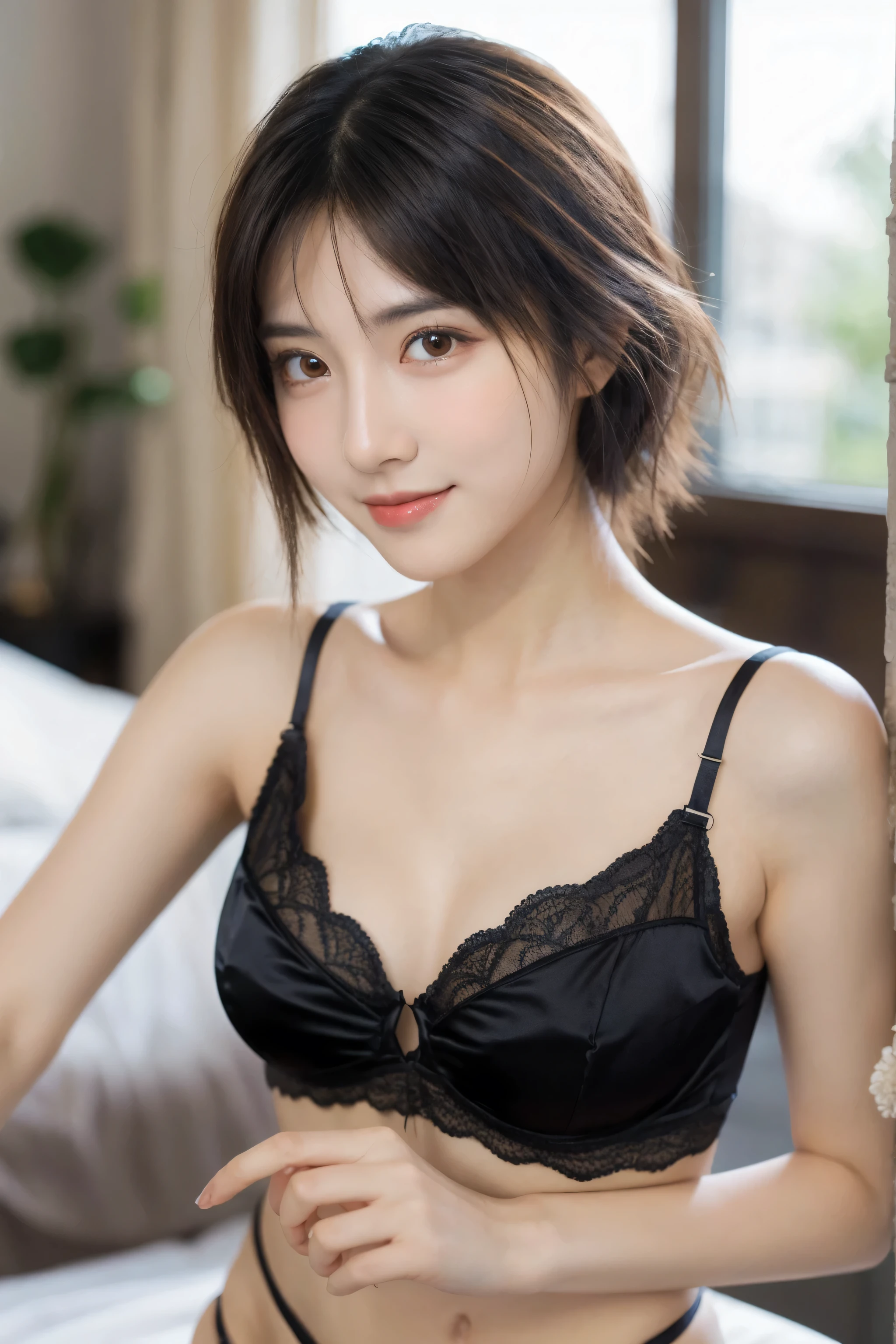 (8k, RAW Photo, Best Quality, Masterpiece:1.2), table top, Ultra Detail, Super Resolution, (Realistic, Realistic Photo:1.37), Portrait, High Detail RAW Color Photo, Professional Photo, Extremely Detailed and Beautiful, Extremely detailed, 8k wallpaper, amazing and detailed, huge file size, official art, highly detailed CG unity 8k wallpaper, highly detailed beautiful girl, highly detailed face, highly detailed eyes, highly detailed skin, highly detailed fingers, highly detailed nose, very detailed detailed mouth , perfect anatomy, highly detailed background, highly detailed clothes, 1girl, ,cute girl, realistic body, fair skin, glowing skin , slim body, handsome body, black hair , short hair, (blunt bangs:1.2), smile, cute, youthful, cute face, realistic face, delicate eyes, drooping eyes, looking at viewer, facing front, standing posture, Contraposto, dynamic lighting, ((face closeup)), (medium chest), (Perfect Body Proportions), (slender Body Proportions), (bedroom), super sexy pose, ((lingerie)),